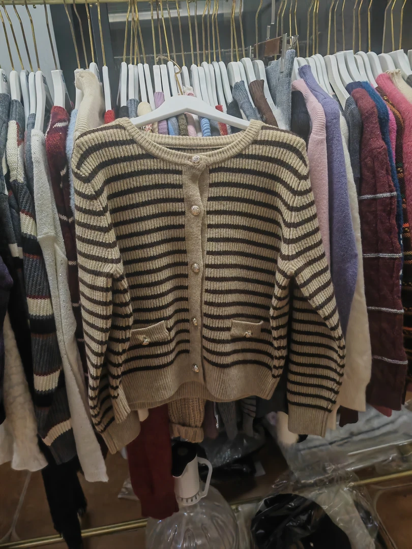 时尚条纹圆领针织宽松加厚复古百搭慵懒风开衫春秋