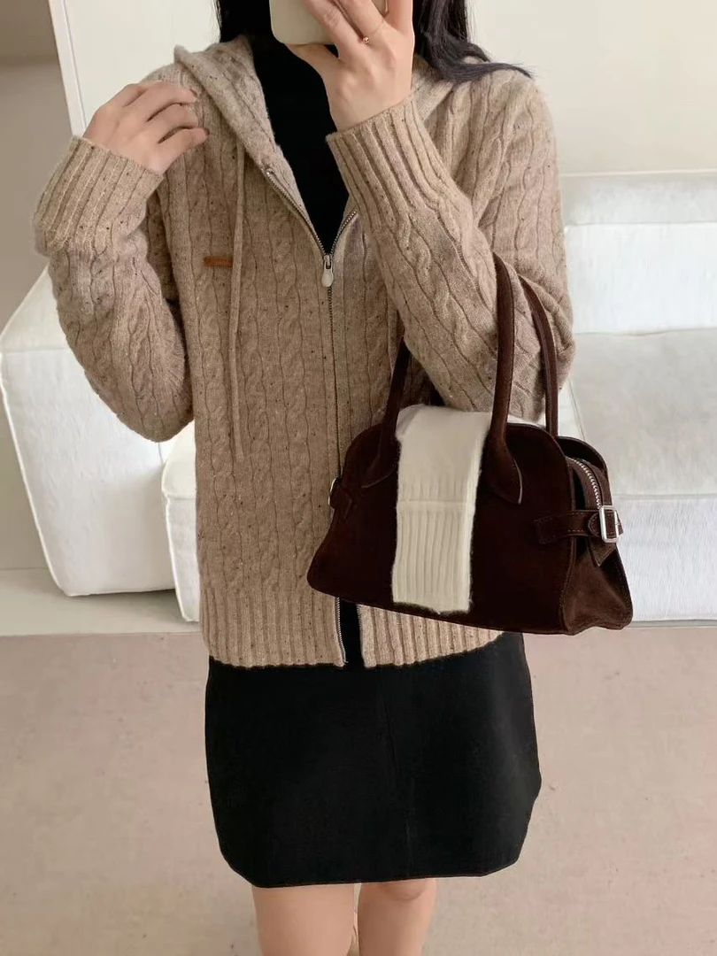 美式连帽针织开衫女秋冬新款麻花毛衣双拉链外套修身显瘦7524上衣