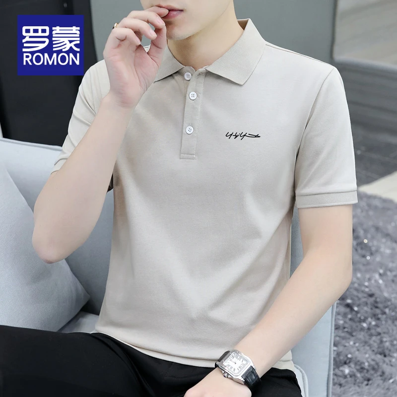 罗蒙男士冰丝休闲翻领短袖T恤男款2025新款半袖上衣修身POLO衫男