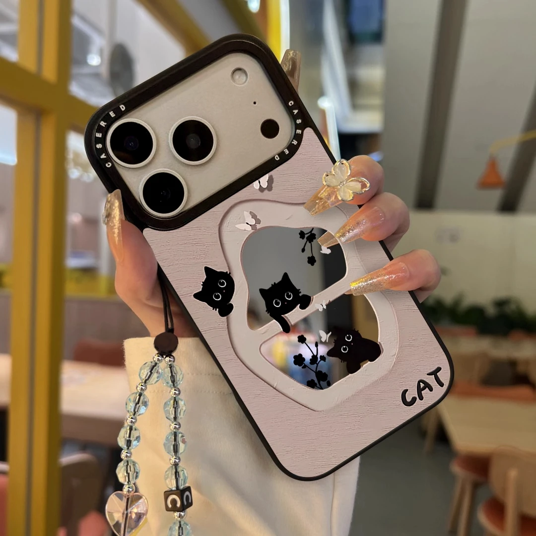 窗户梅花猫适用情侣苹果17promax手机壳iPhone16镜面涂鸦13卡通14