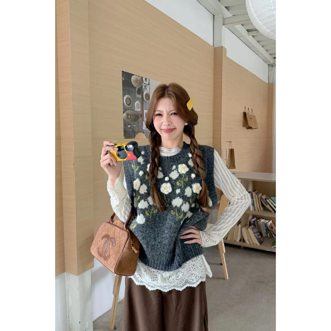 韩系宽松慵懒风时尚叠穿针织马甲背心外穿春秋真两件套