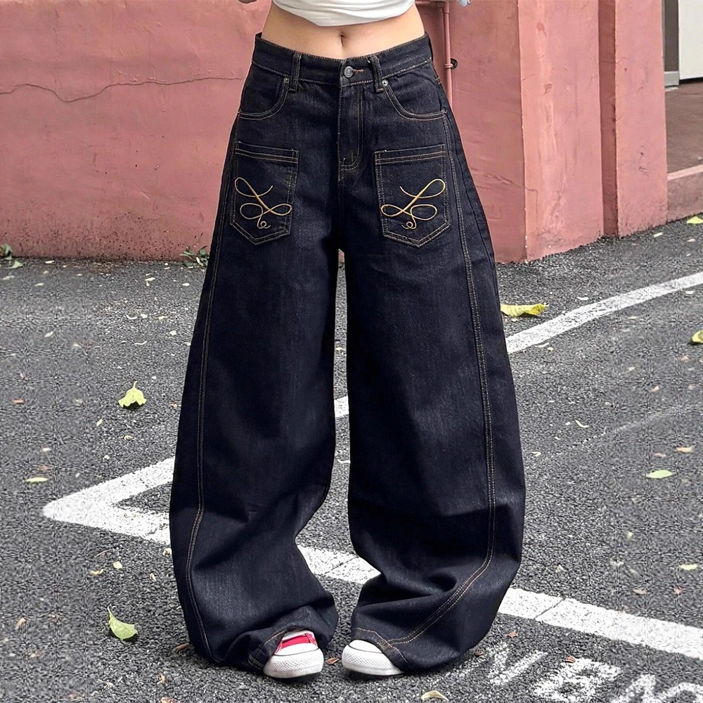 大码美式高街潮牌刺绣设计弯刀休闲裤女夏季新款阔腿宽松牛仔裤子