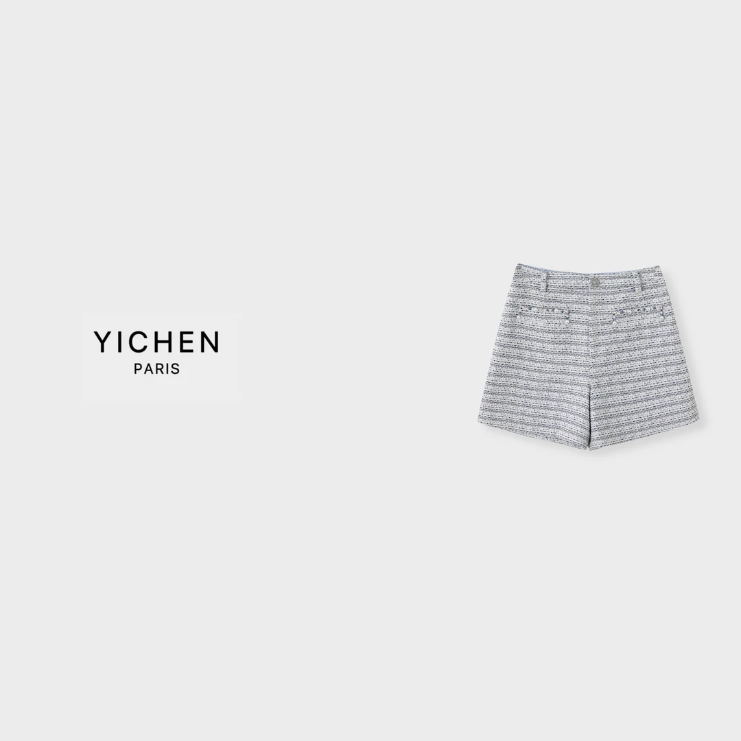 YC 小香浅蓝色编织软花呢重工钉珠钉钻中高腰短裤-1922