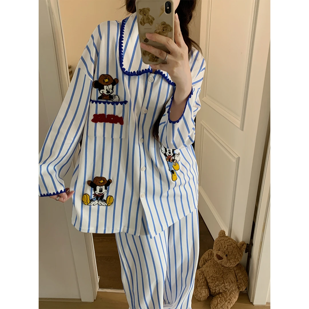 睡衣女长袖春秋季纯棉条纹印花卡通米奇刺绣可外穿新款家居服套装