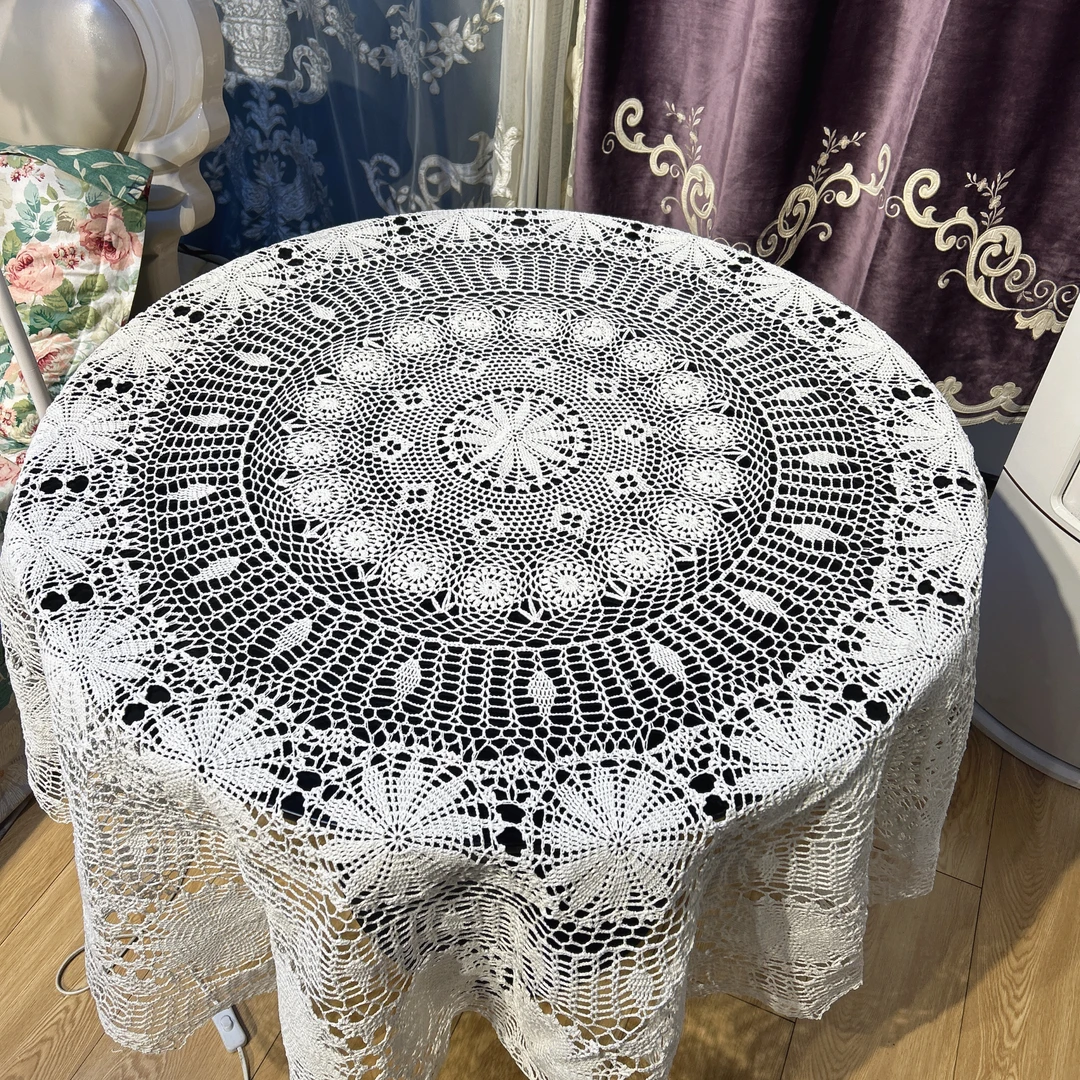 DY015-23棉质（180cm圆）白色太阳花钩针镂空桌布
