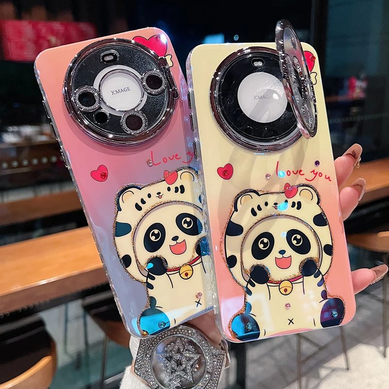 适用华为mate70系列新款手机壳可爱渐变熊猫全包镜头膜翻盖支架