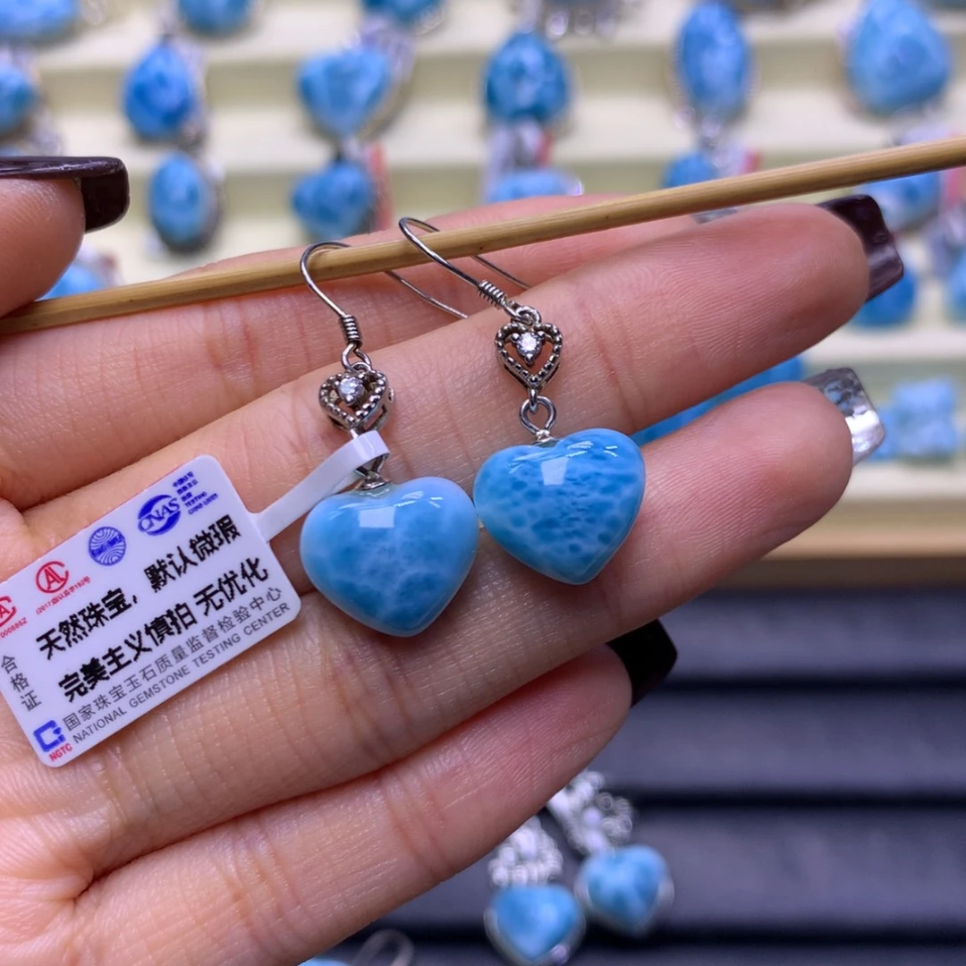 针钠钙石（海纹石）银S925镶嵌耳饰爱心耳钩