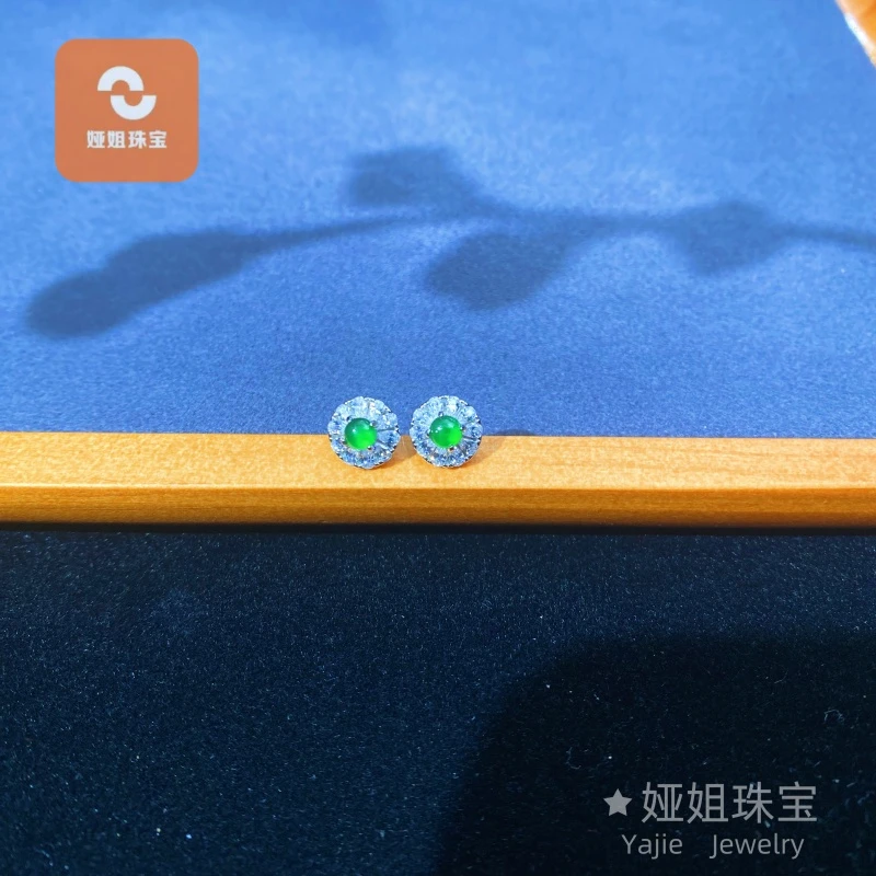 天然A货冰种满绿蛋面翡翠银镶嵌花钻耳钉精美轻奢时尚气质女款