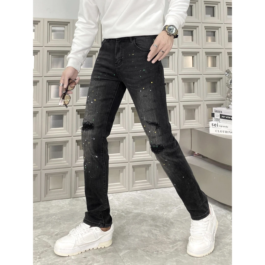 6263--破洞-新款男士直筒牛仔裤 中高腰修身不紧身休闲时尚牛仔款