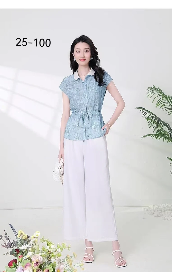 25-100时尚减龄套装女2025新款夏季收腰印花衬衫阔腿裤两件套