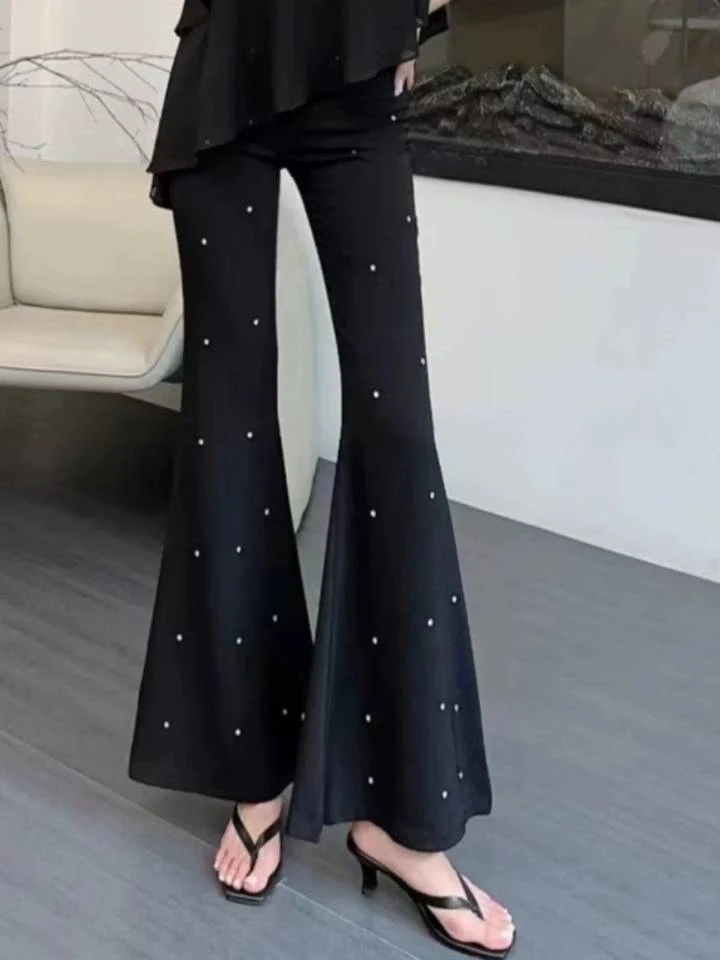 时尚微喇裤女2025春季新款高腰钉钻个性显瘦长裤显高显腿长喇叭裤