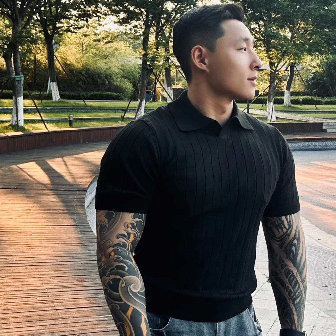 老钱风坑条V领POLO衫羊毛混纺条纹针织短袖纯色翻领T恤修身健身男