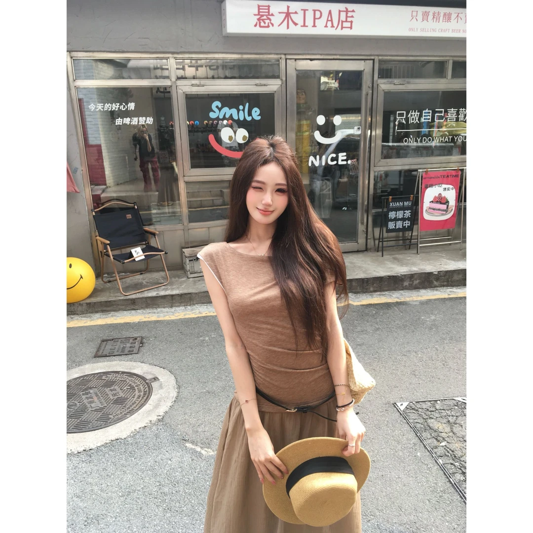 withmin白兔 枫林尽染 法式拼接小众气质飘带斜肩连衣裙2523528