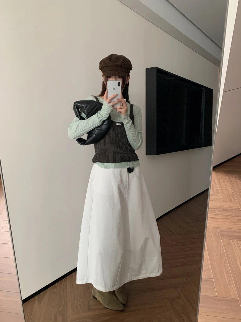 韩系穿搭套装假两件长袖针织打底衫上衣女装秋季裙子半身裙两件套