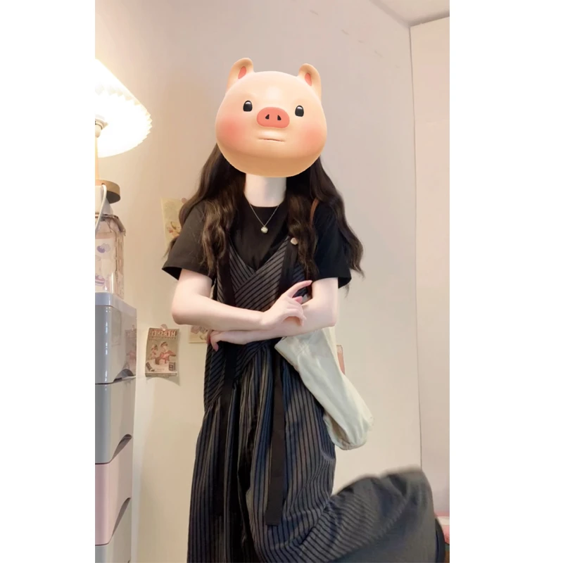 大码夏季新款气质休闲短袖显瘦小众设计感条纹背带裤洋气减龄穿搭