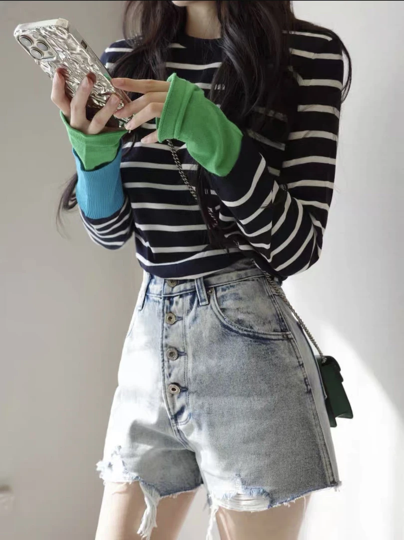 2025秋季新款复古条纹T恤吸晴腔调感休闲长袖上衣袖口撞色针织衫