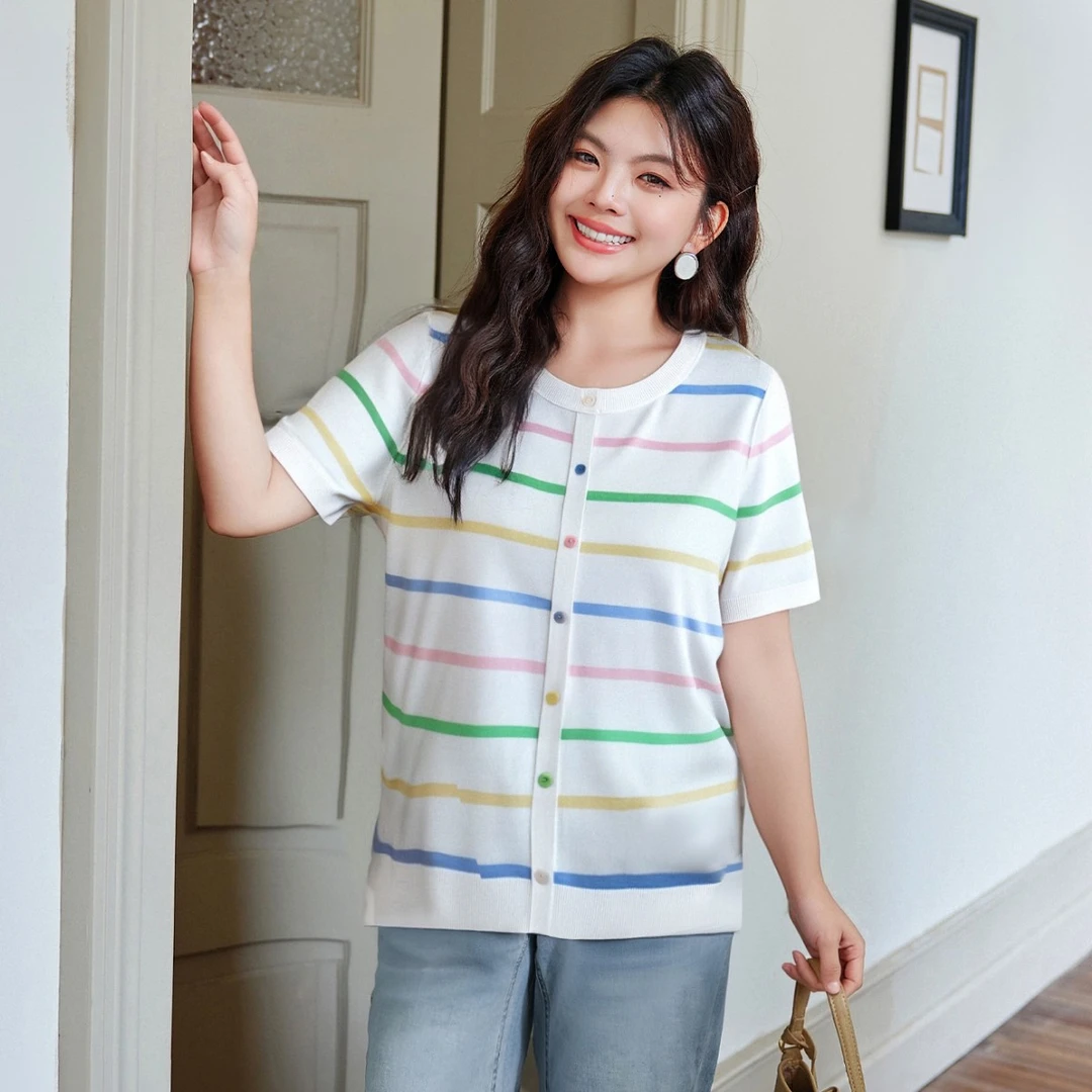 【彩色条纹针织衫】MsShe大码女装2025款夏季显瘦短袖上衣C2508007