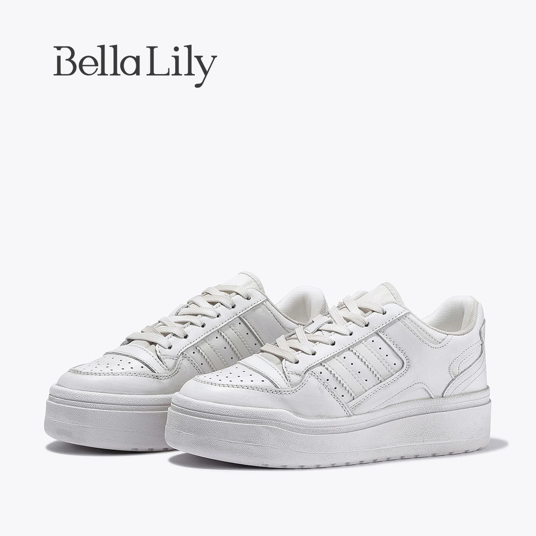 BellaLily2025冬新款擦色做旧厚底板鞋增高牛皮休闲鞋百搭小白鞋