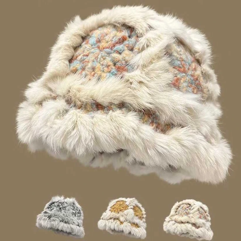 冬日暖阳软糯兔毛保暖手工针织帽女新款秋冬滑雪甜美醒狮毛线帽