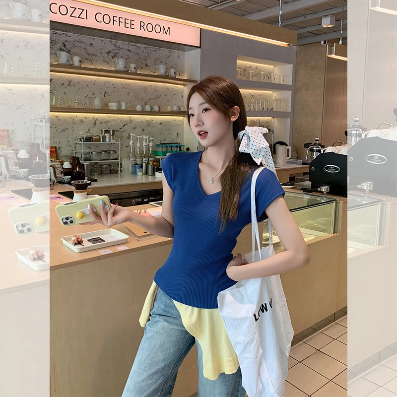 Susu Bella v领露锁骨短袖针织衫女夏季修身薄款内搭气质上衣