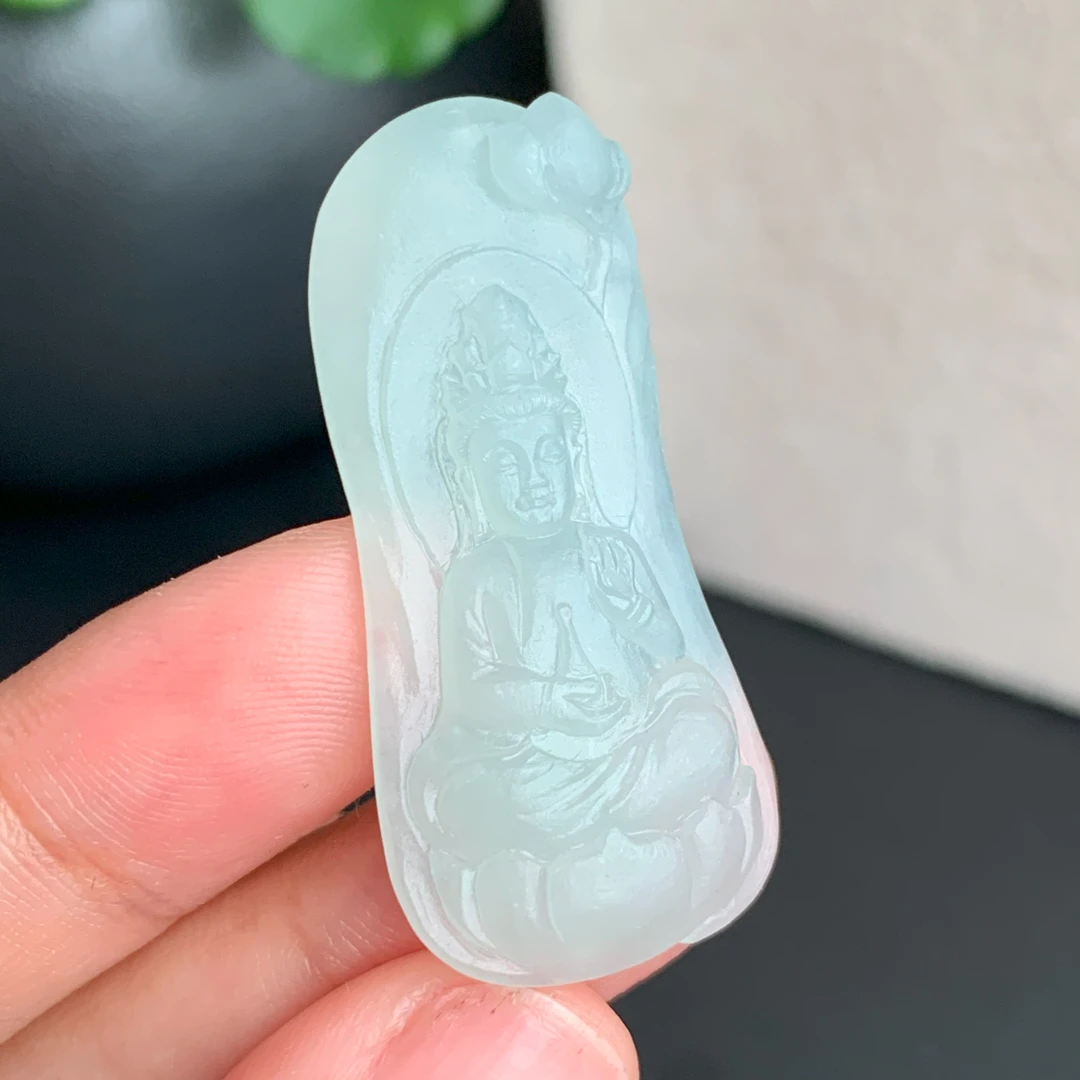 【慈悲智慧】天然翡翠A货淡蓝色冰莲花宝瓶观音吊坠 定制毛货未抛光