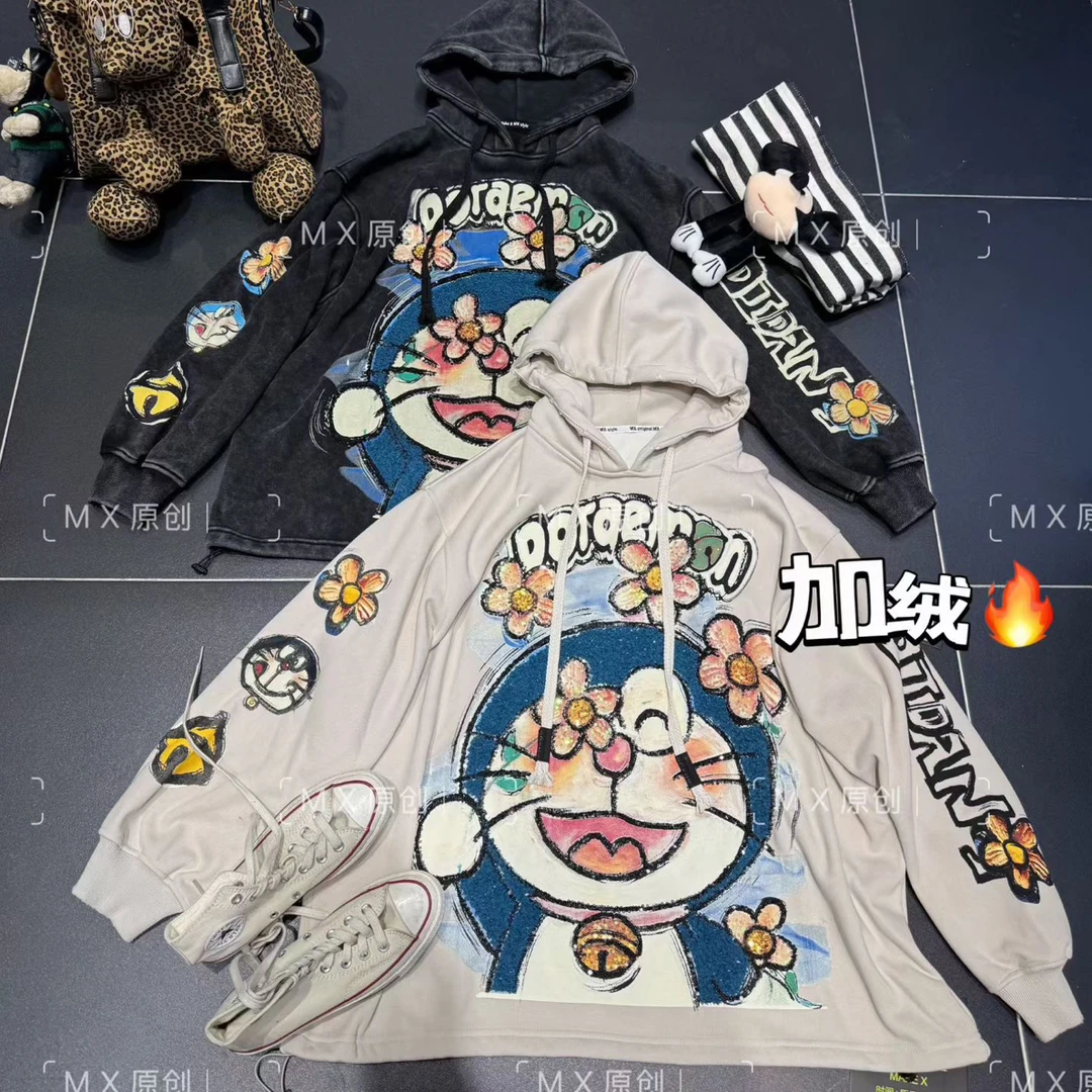 【557】秋冬加绒百搭宽松型圆领拼接潮牌叮当猫重工贴布长袖卫衣