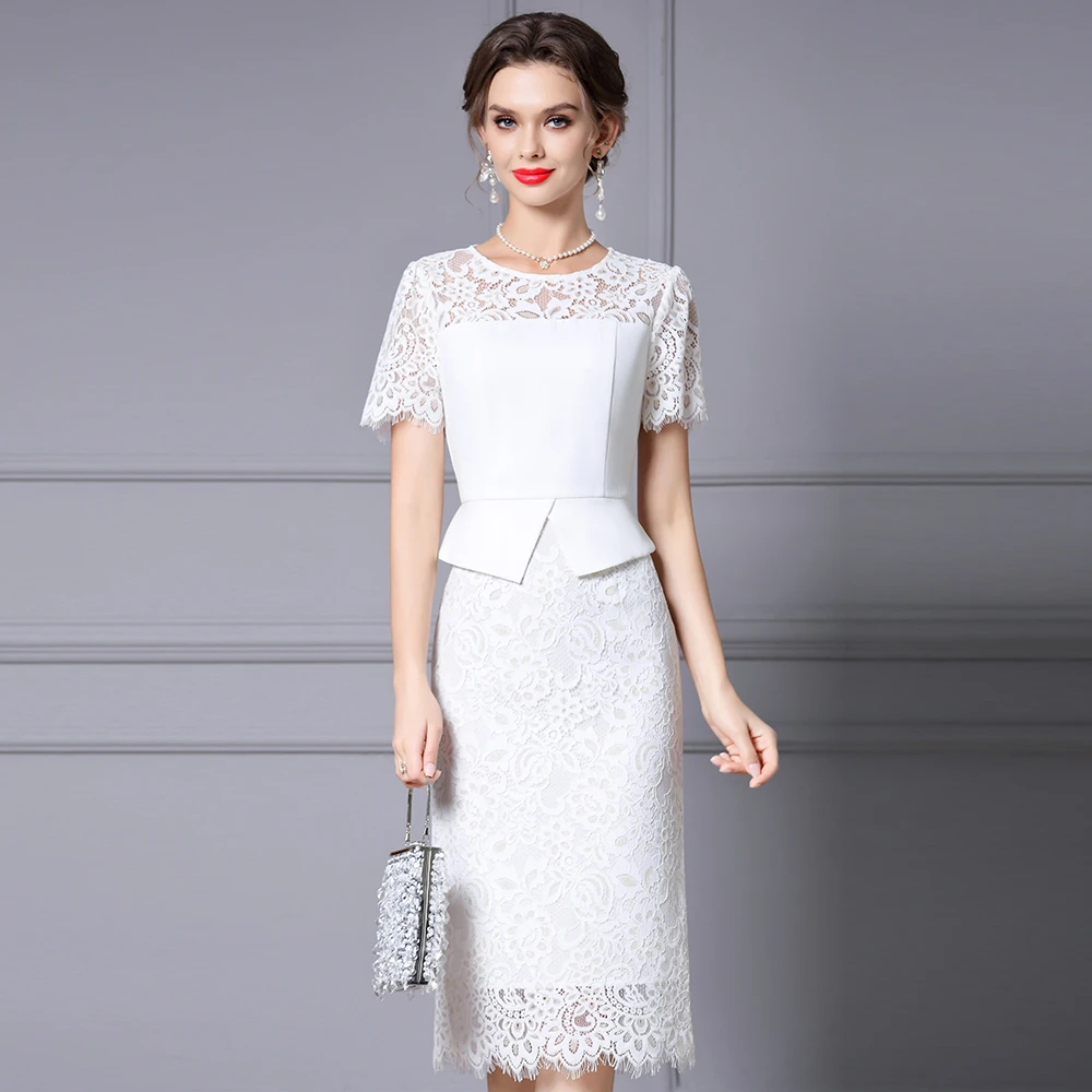 枝荔上流社会连衣裙女2025年新款高档白色蕾丝假两件显瘦包臀裙子
