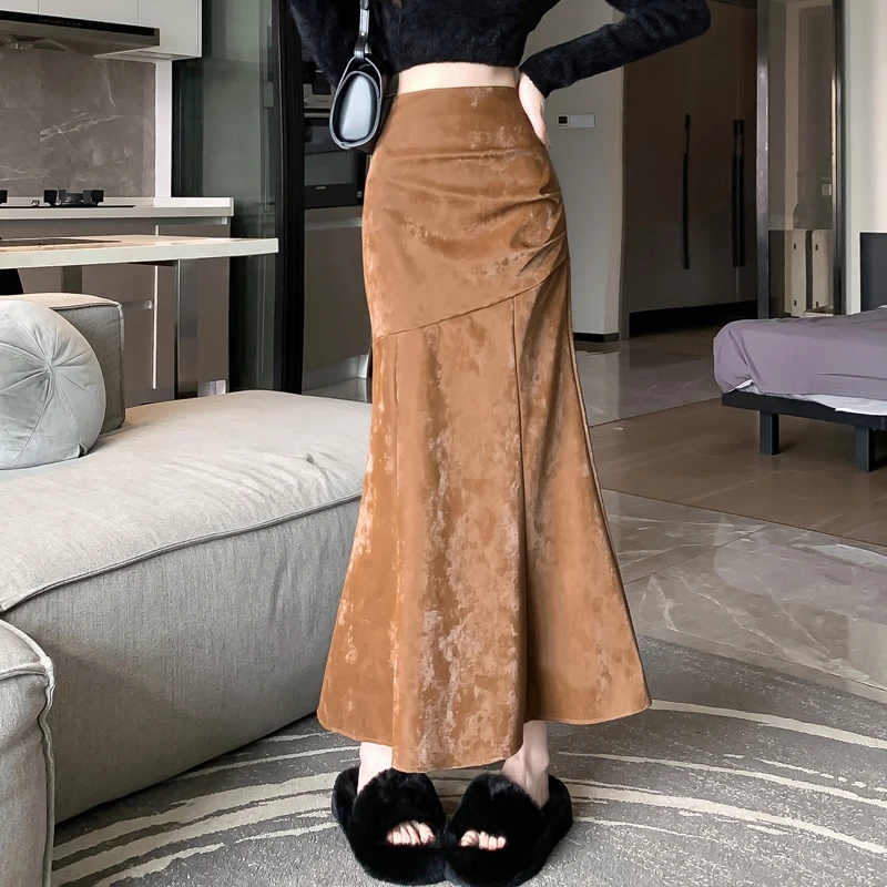 不规则复古pu皮裙提花鱼尾半身裙女秋冬设计感小众包臀一步长裙子