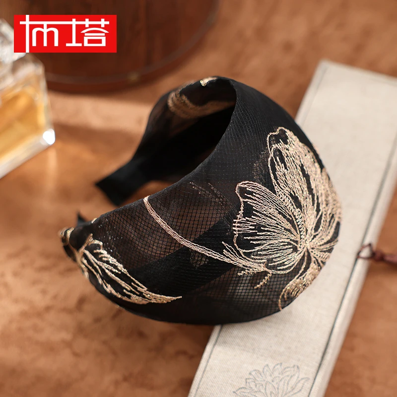 Ptah/布塔新款浪漫桑蚕丝刺绣宽边发箍女高级感头箍气质PT2241