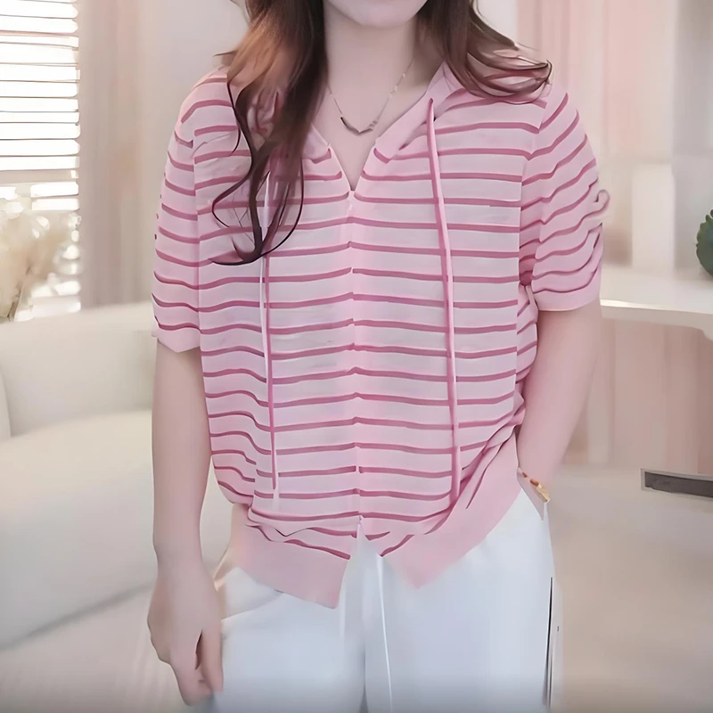 条纹连帽双拉链针织开衫薄款女2025夏季新款时尚宽松显瘦防晒上衣