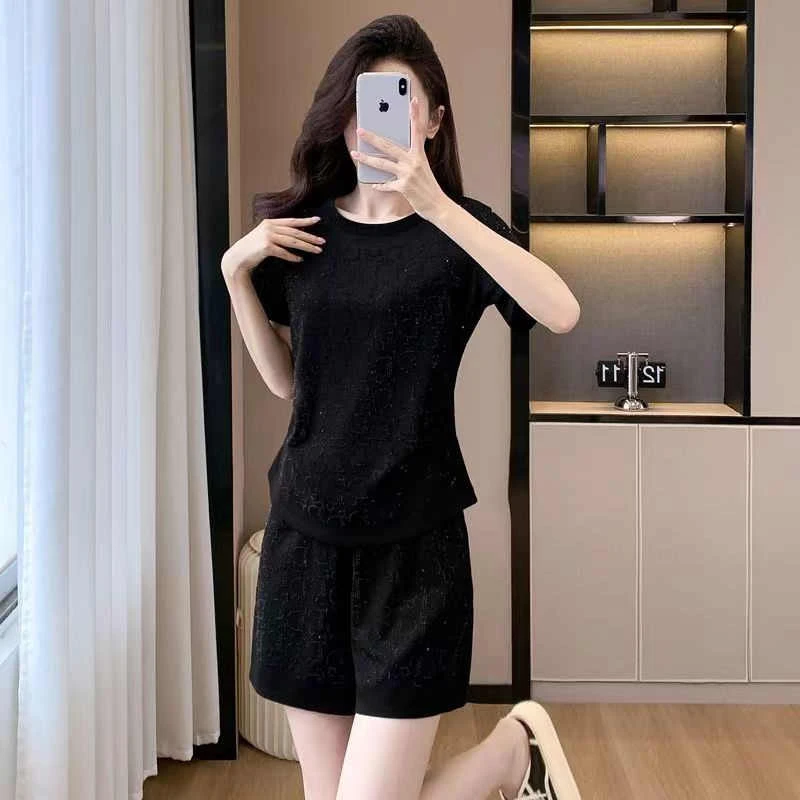 时尚休闲套装女2025夏季新款满印烫钻设计感显瘦百搭时尚两件套女