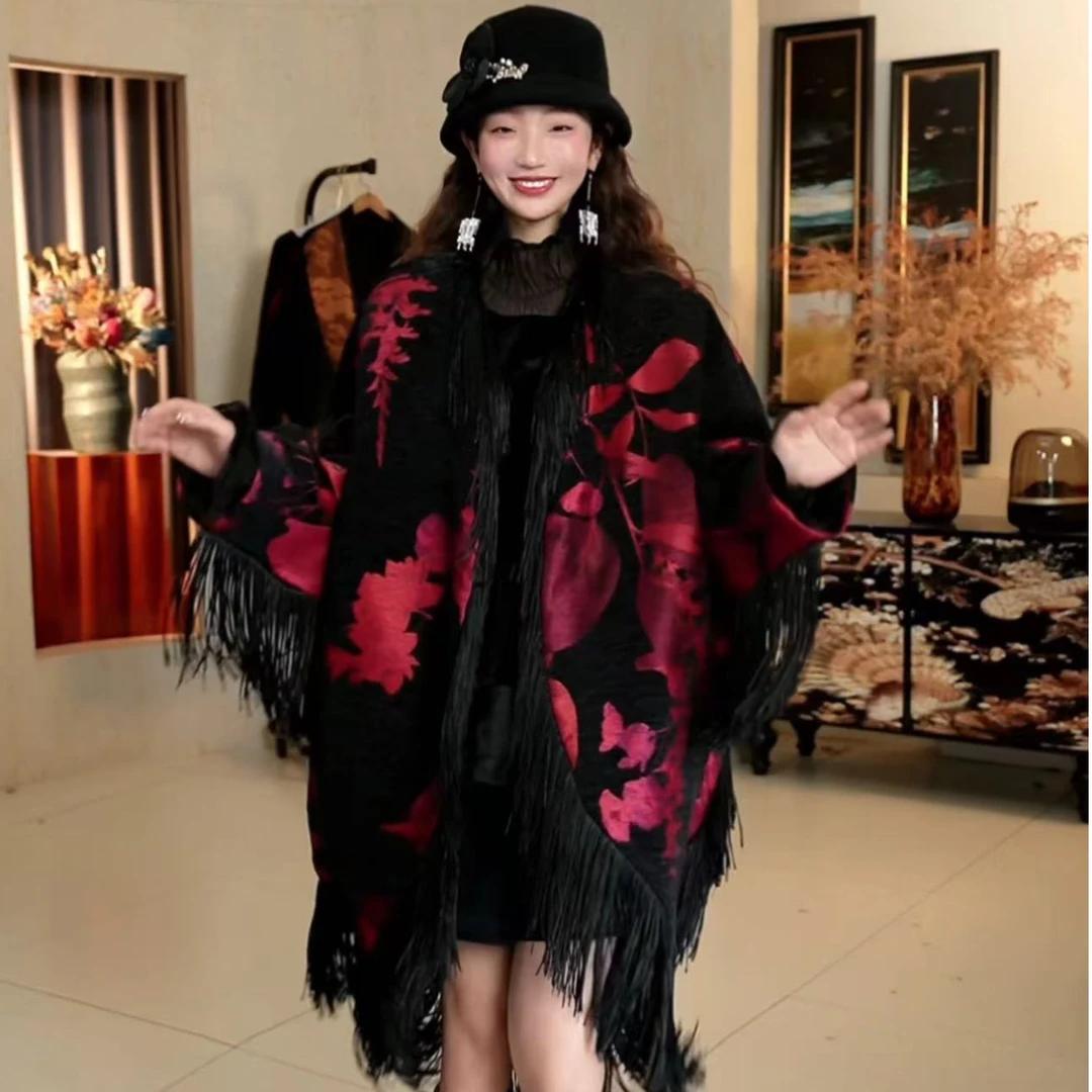 1620篱君秋季新款国风流苏外套时尚复古民族风重工提花廓形风衣女