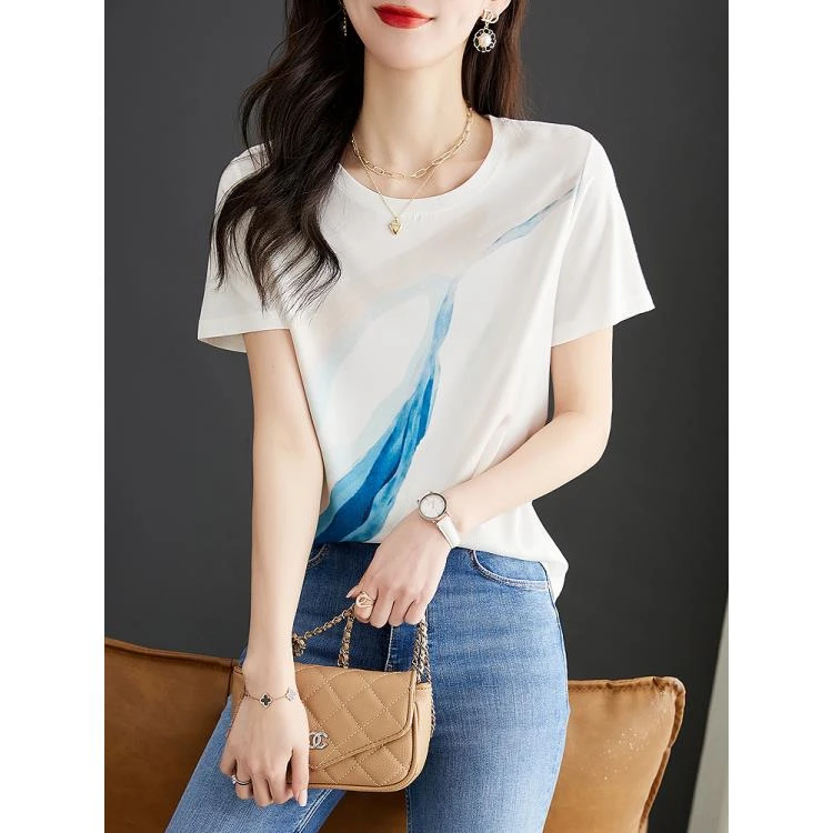 1204夏丝滑缎面冰凉感女半袖T恤洋气AB拼接短袖