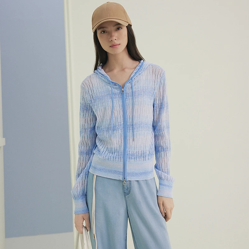 FS时尚休闲连帽双头拉链渐变针织开衫女25夏新款9102A