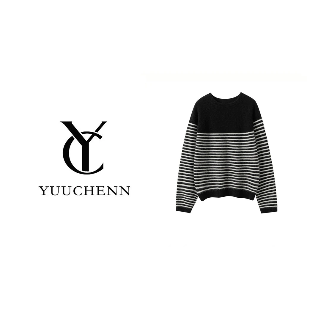 YUUCHENN羊绒圆领条纹灯笼袖5044