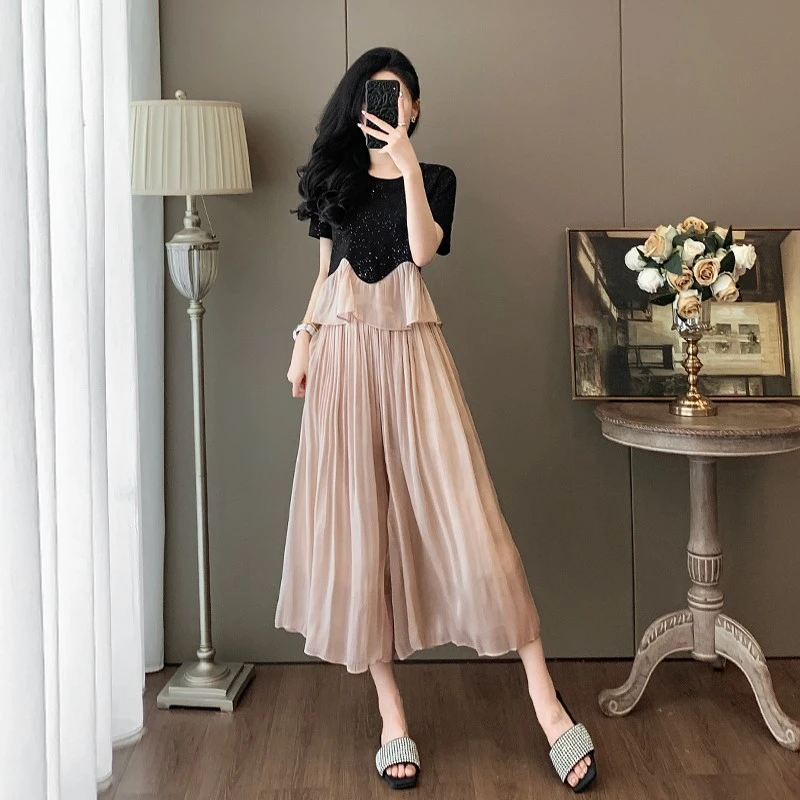 贵气穿搭时尚套装女夏轻奢高端法式风短袖上衣粉色网纱裤裙两件套