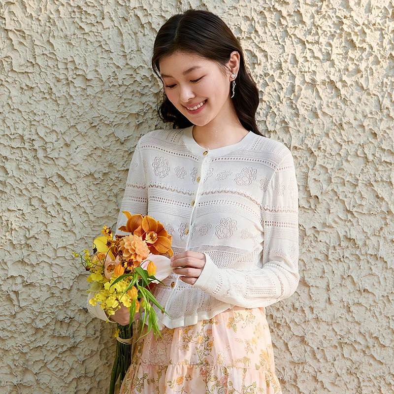 【养肤绢丝棉】玫瑰提花针织开衫含桑蚕丝DOUBLOVE贝爱25早秋新款