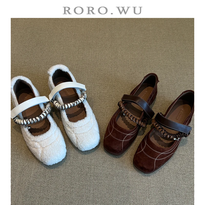 娆娆吴·羊皮休闲一字扣魔术贴方头轻奢日常百搭内增高单鞋A104