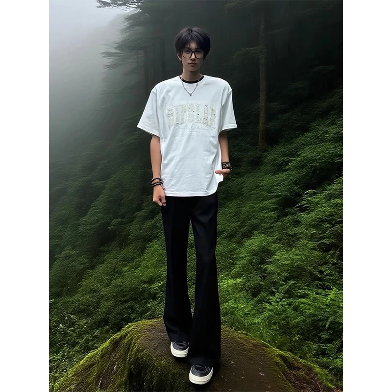 黑色美式潮流微喇西裤男夏薄款高街vibe直筒裤子显腿长冰丝休闲裤