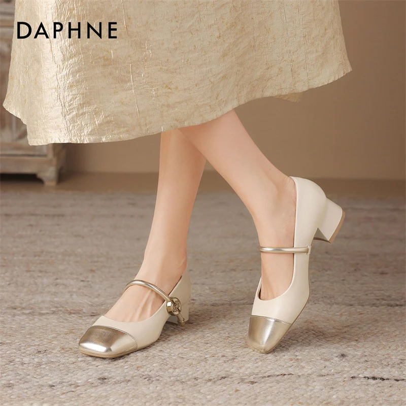 Daphne/达芙妮时尚拼接玛丽珍鞋女春款浅口方头单鞋粗跟小高跟鞋