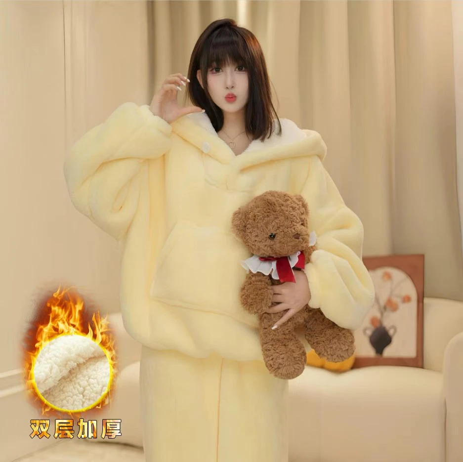 【双层加厚】冬季加绒可爱家居服休闲连帽宽松舒适居家睡衣套装元