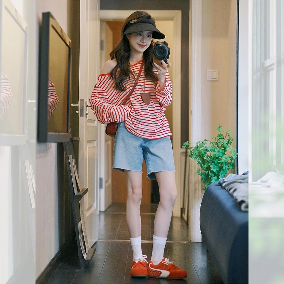 红色条纹宽松露肩长袖T恤女2025夏季新款防晒罩衫航海系漂亮上衣