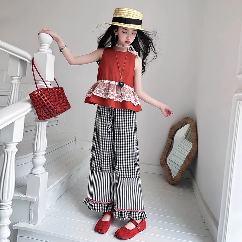 女童蕾丝休闲套装2025夏季新款大童无袖上衣格子阔腿裤两件套儿童