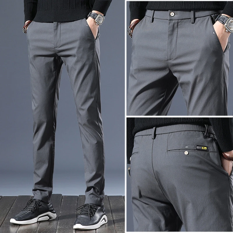 裤子男秋冬季商务简约时尚休闲裤男士西裤修身直筒高端男装半松紧