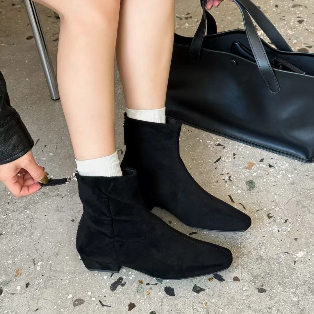 B012109-8磨砂绒面切尔西短靴超火方头粗跟法式气质高级感瘦瘦靴