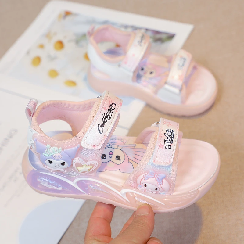 儿童女童露趾沙滩鞋夏季带灯小童宝宝凉鞋软底公主鞋大童防滑学生