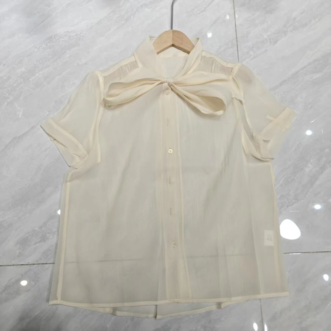 0163立领轻奢夏季衬衫上衣白色飘带领蝴蝶结短袖时尚