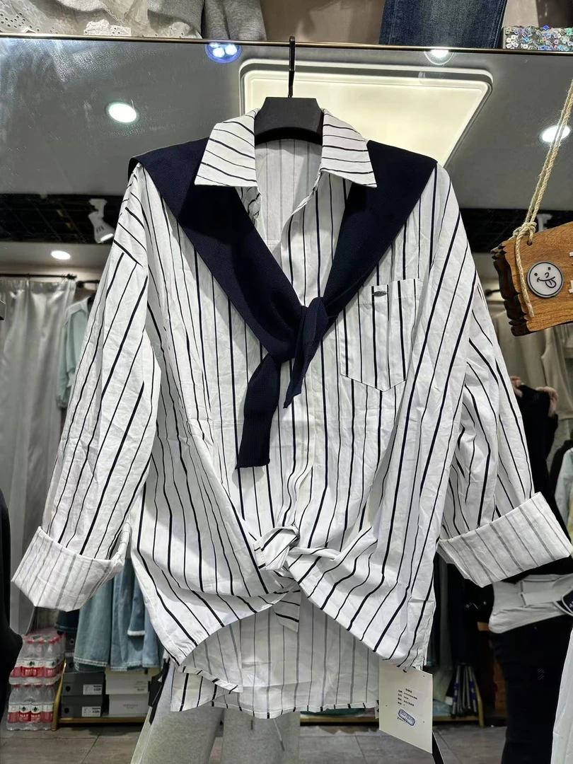 针织披肩条纹翻领小扣时尚潮流女装衬衫显瘦减龄