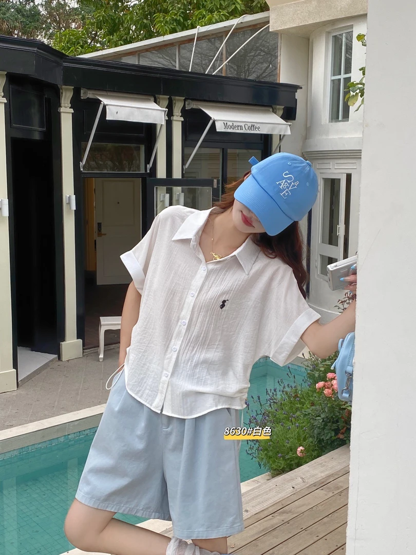 8630轻薄透气刺绣短袖衬衫女气质通勤衬衣松弛感小飞袖上衣