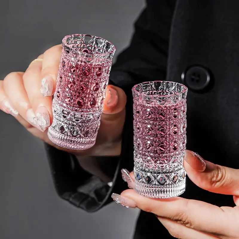 轻奢宝石纯色简约INS风锤纹杯浮雕酒直筒一口白酒酒杯A